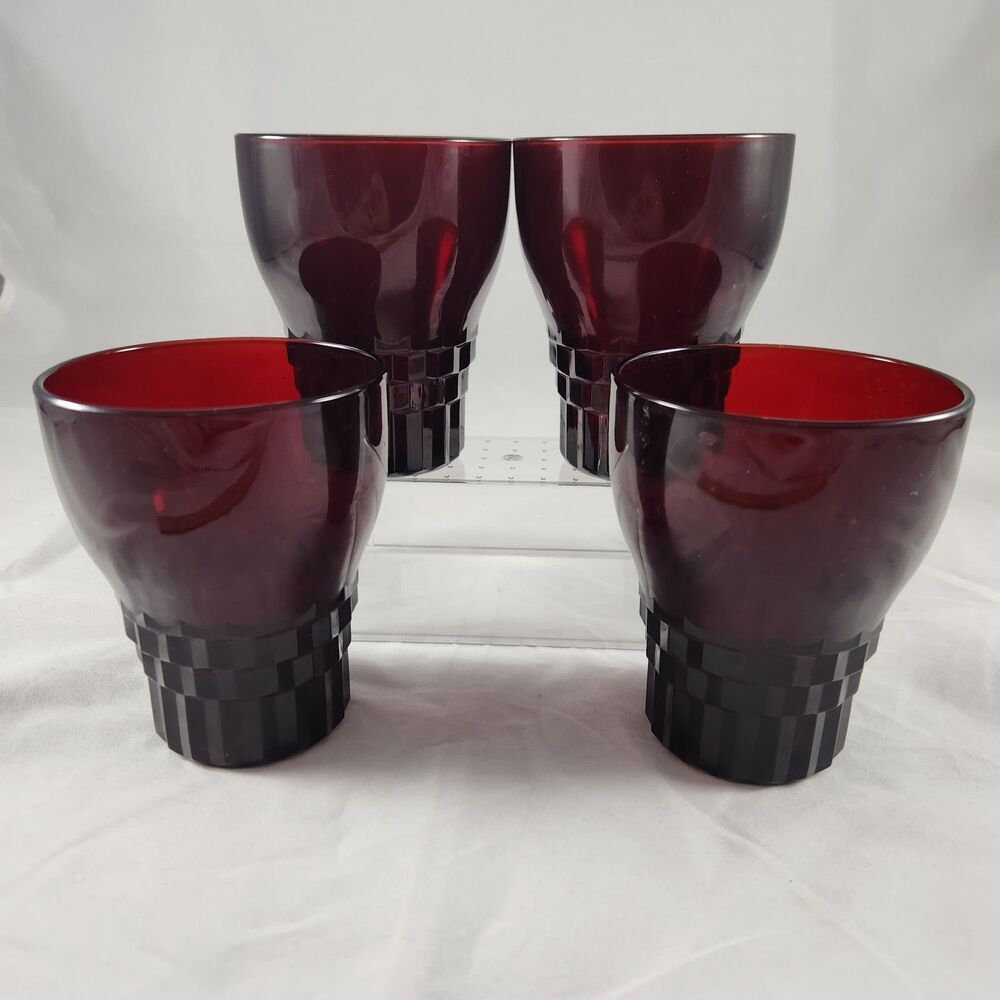 Set of 4 Anchor Hocking Windsor Ruby Red Diamond 8 oz Tumblers Vintage 1970s
